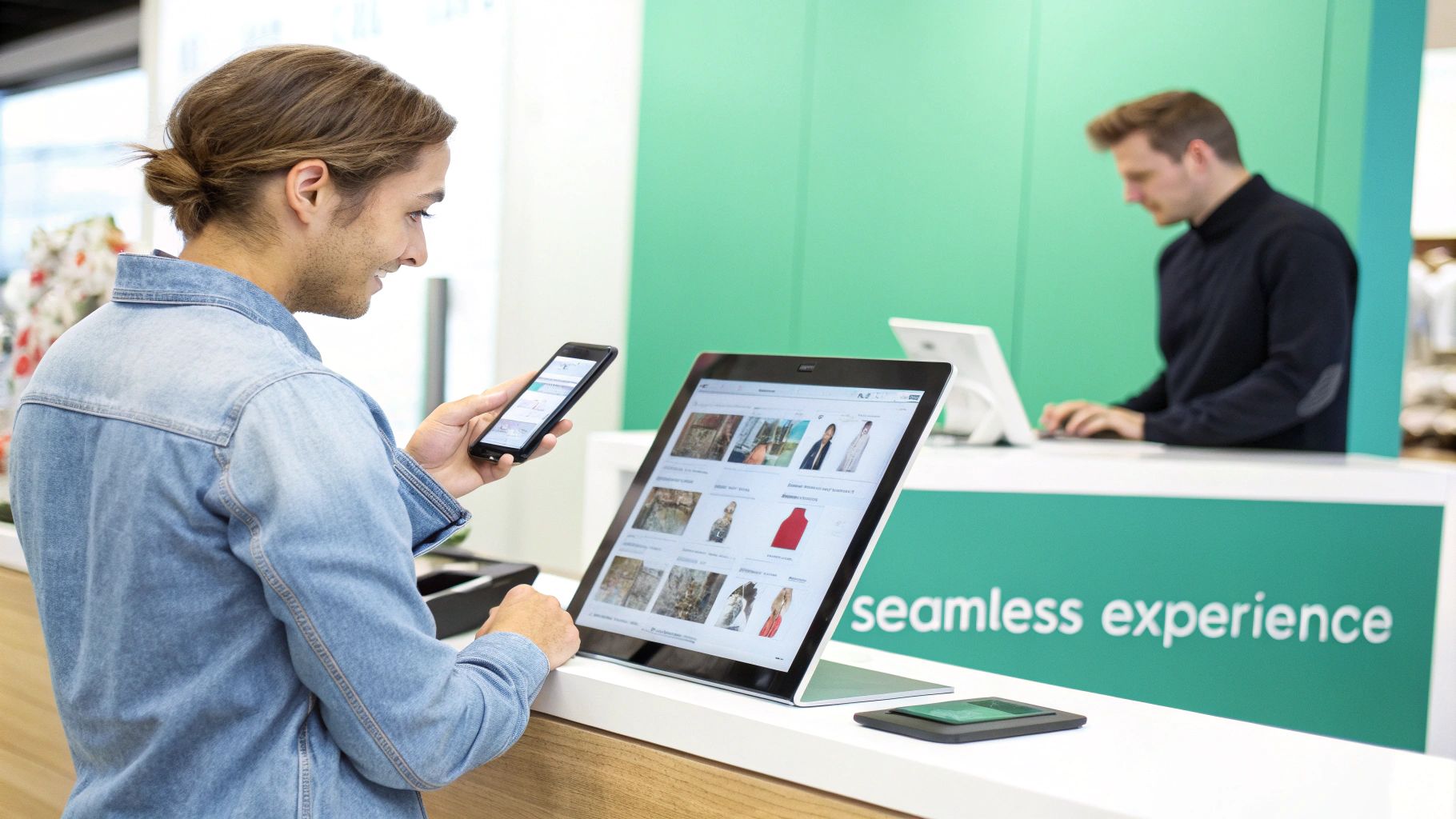 A man in a denim shirt uses his smartphone in front of a tablet, showcasing a seamless retail experience.