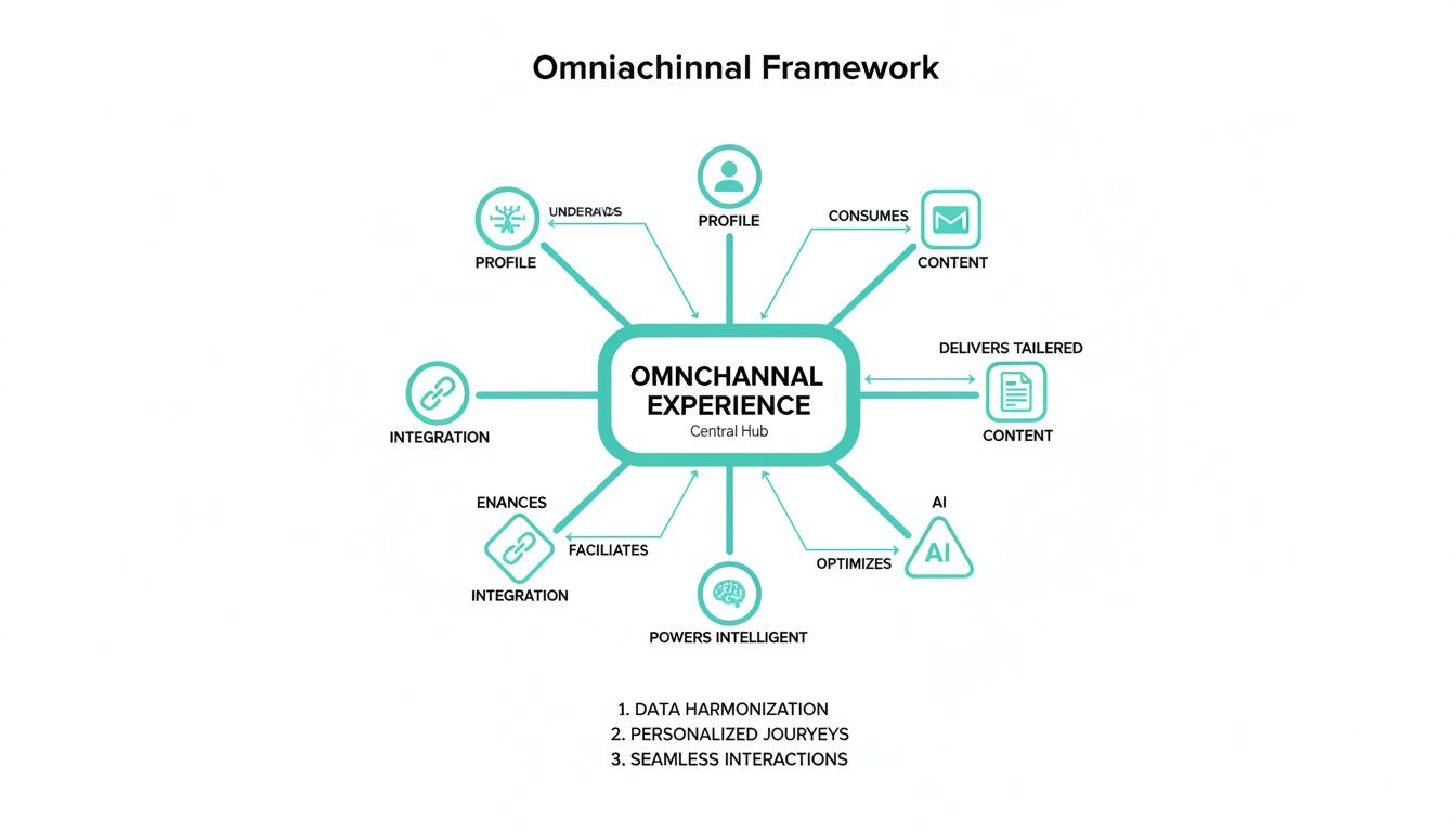 An Omnichannal Framework diagram showing the central omnichannel experience connected to profile, content, integration, and AI.