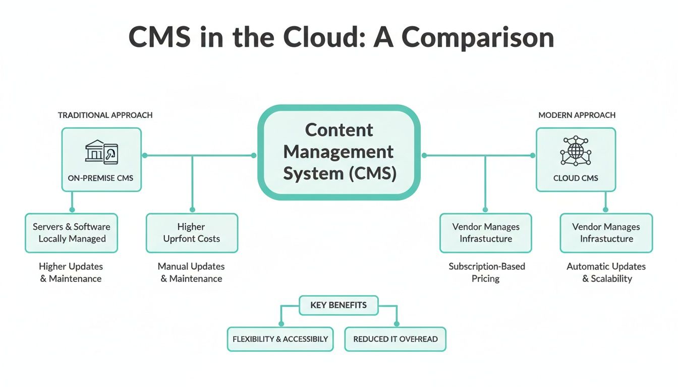 Diagram comparing traditional on-premise CMS with modern cloud CMS, detailing features and benefits.