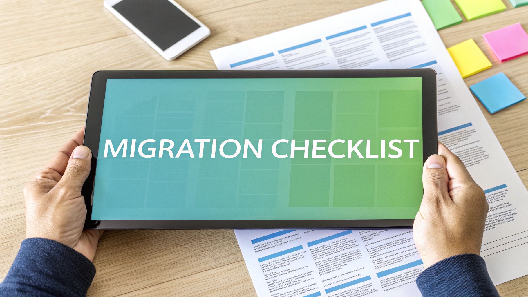 Person holding a tablet displaying 'MIGRATION CHECKLIST' on a wooden desk with documents and sticky notes.