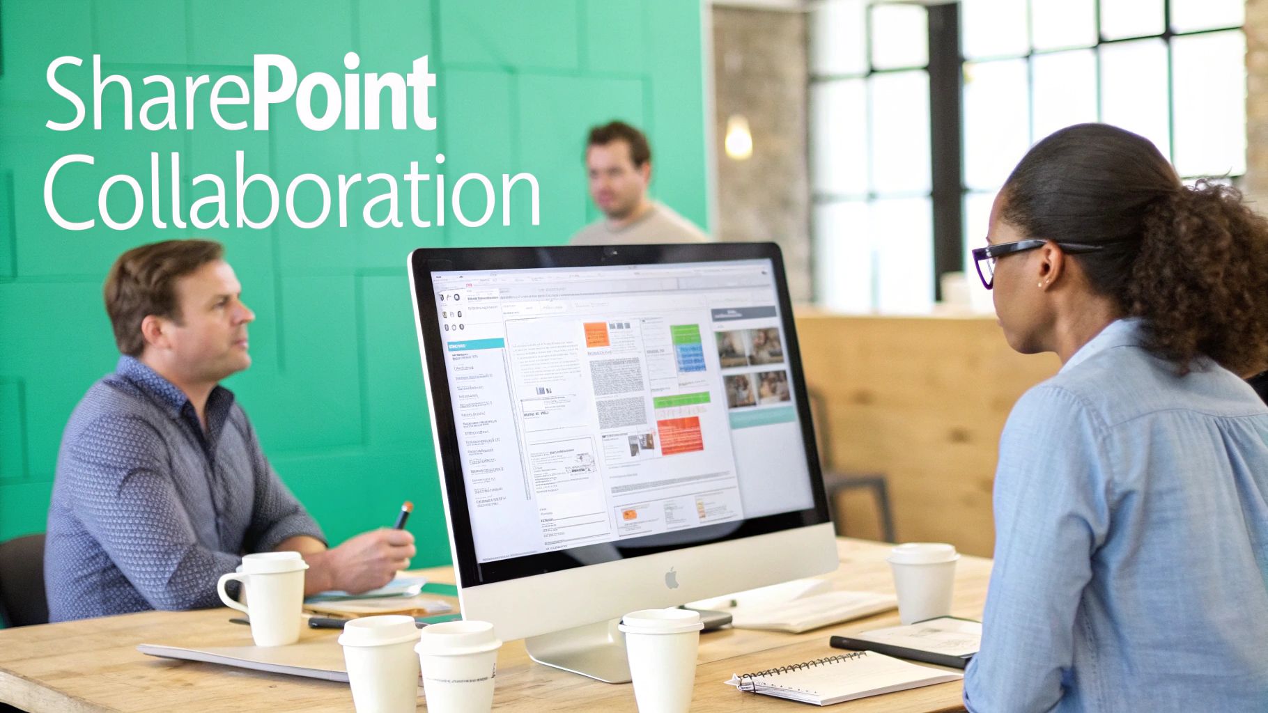 Diverse team collaborating in an office, viewing a SharePoint content management system on a screen.