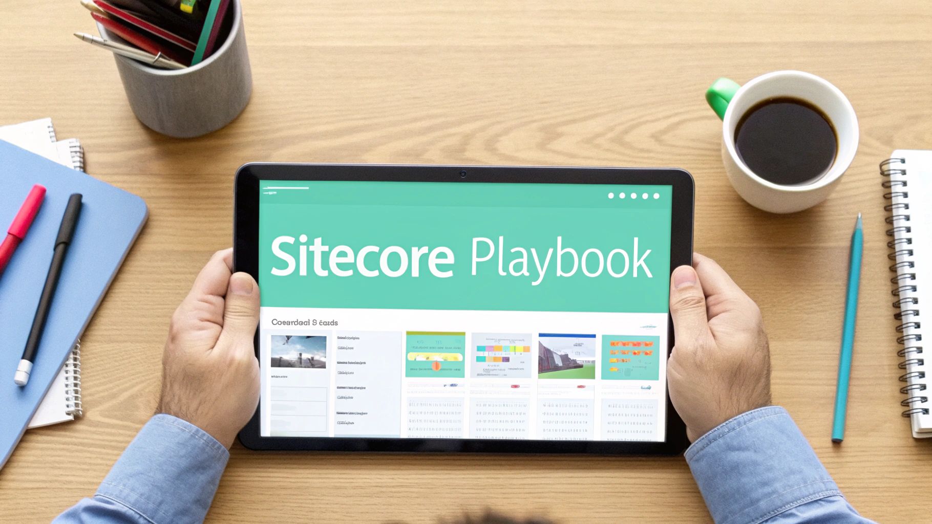 A person holds a tablet displaying 'Sitecore Playbook' on a desk with notebooks, pens, and coffee.