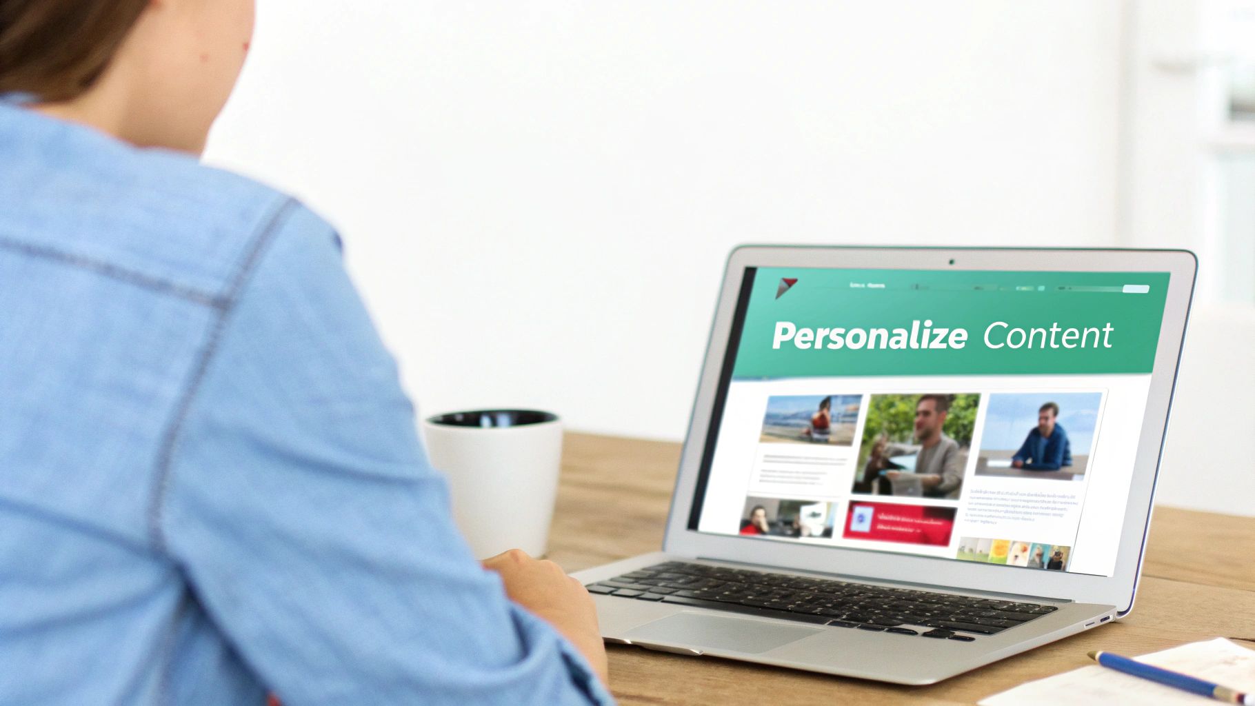 Person in a blue shirt views a laptop displaying "Personalize Content" and various image cards.