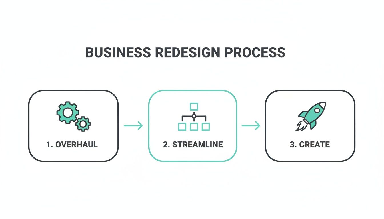 Infographic showing a 3-step business redesign process: overhaul, streamline, and create.