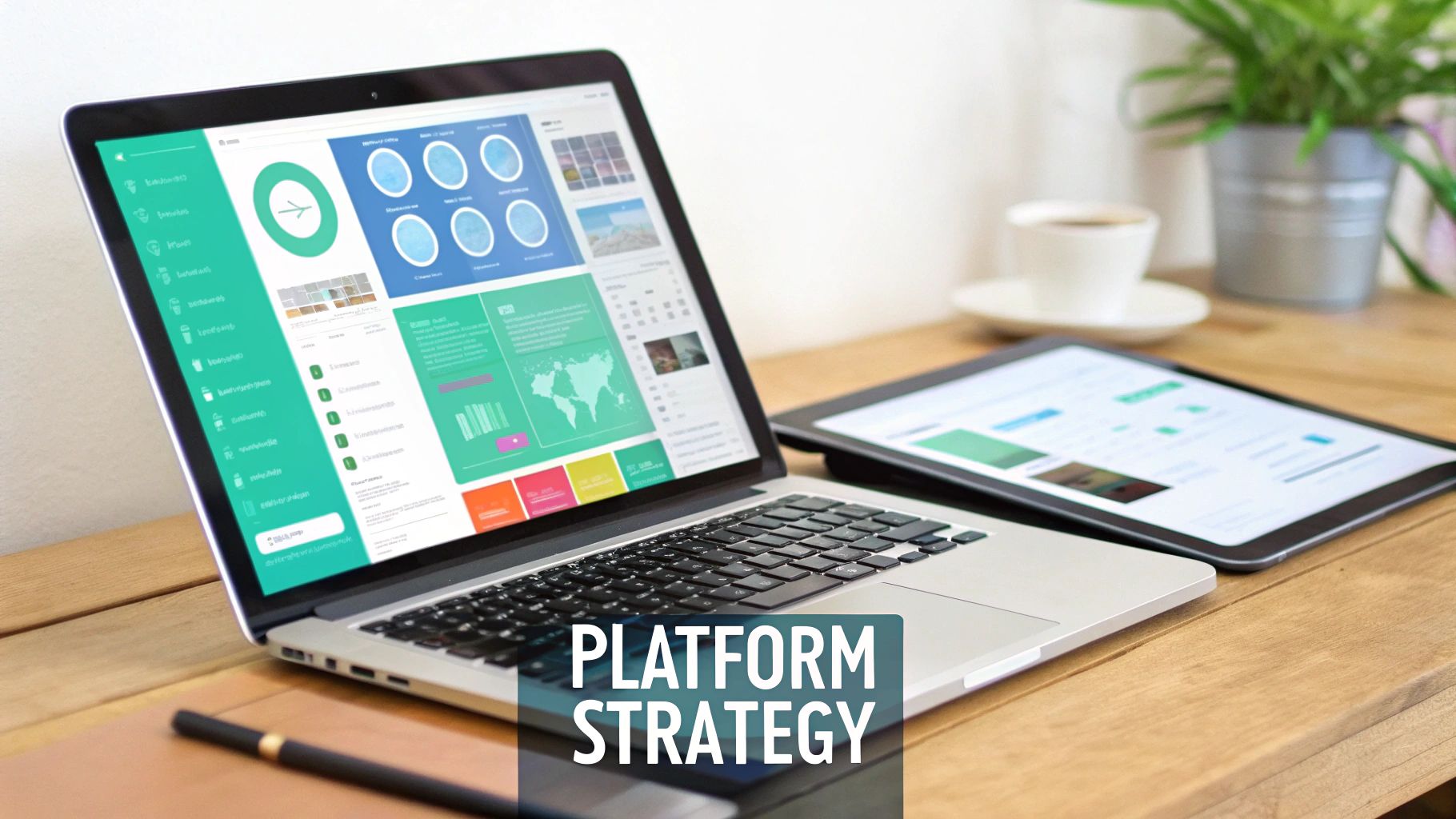 Laptop and tablet displaying data dashboards on a wooden desk, illustrating platform strategy.