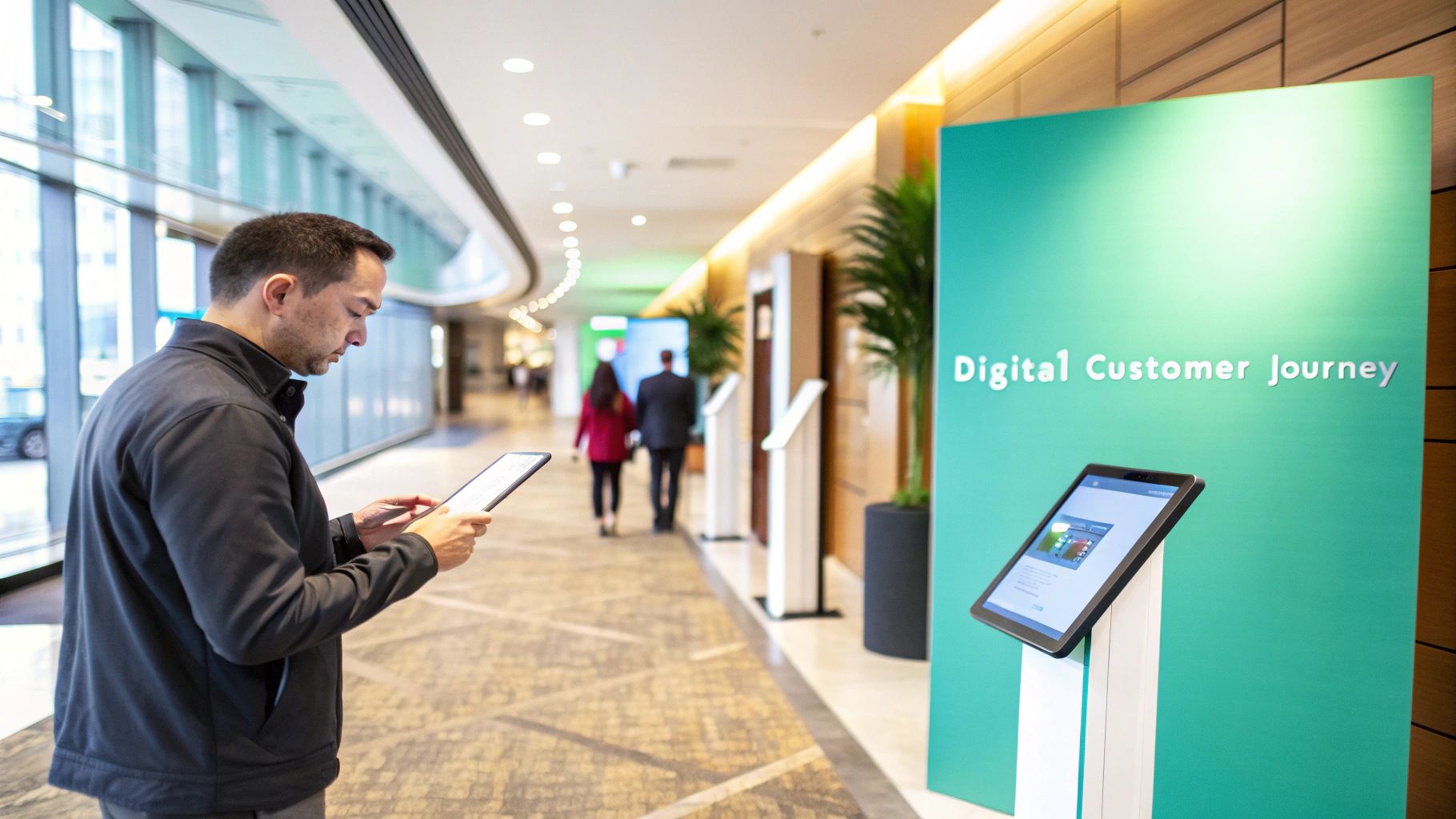 A man interacts with a tablet in a modern hallway, next to a 'Digital Customer Journey' display.