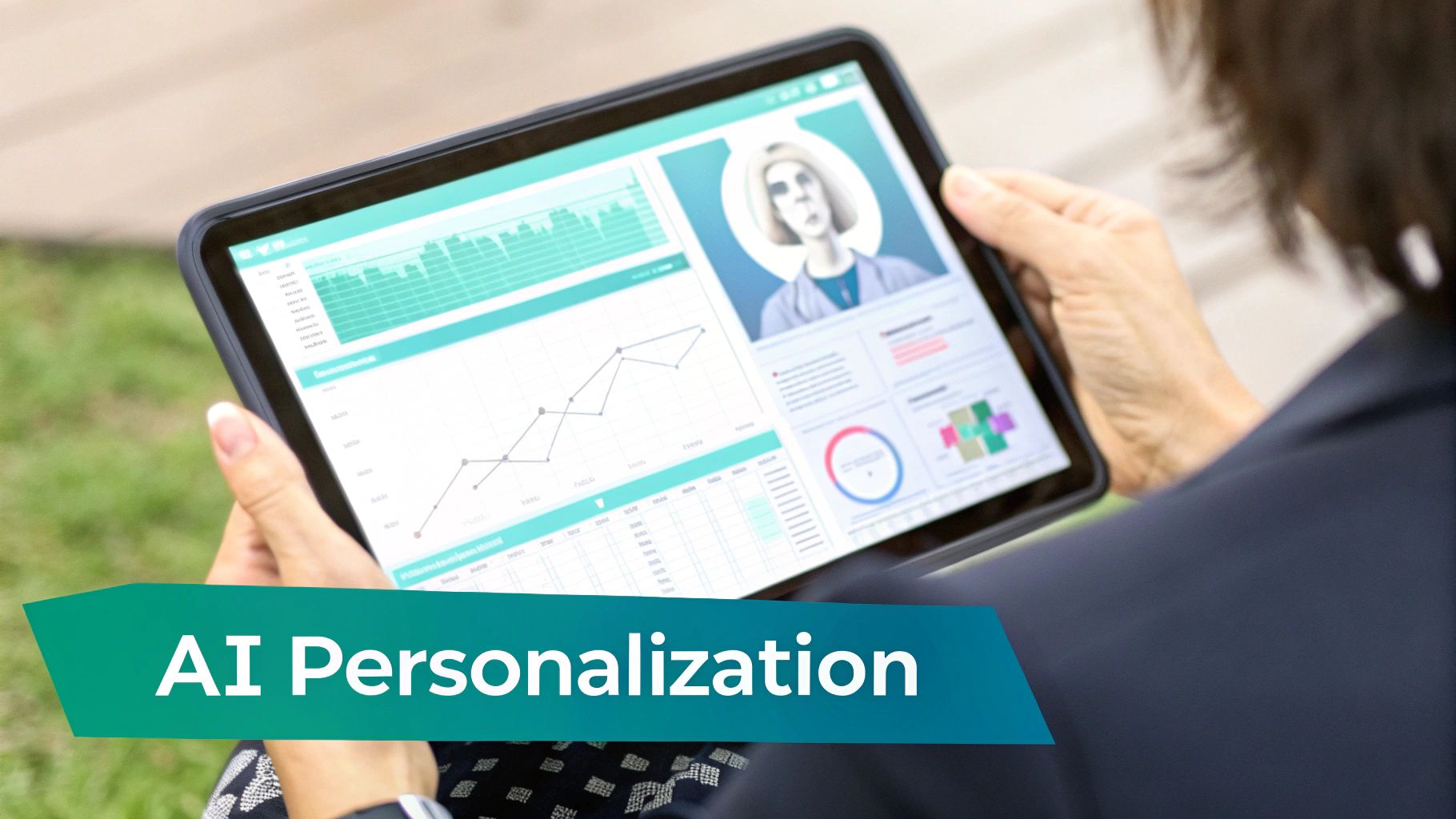 Person holding a tablet displaying AI-powered data analytics, charts, a personalized AI avatar, and 'AI Personalization' text.