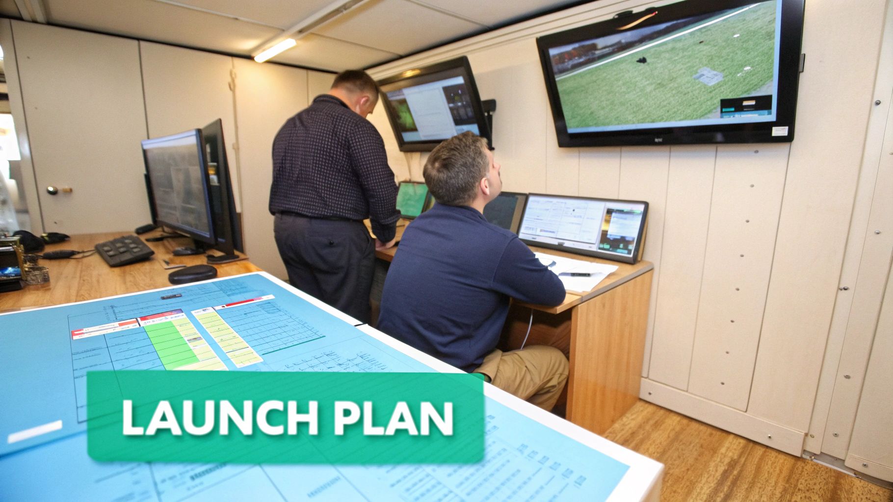 Operators in a command center review multiple screens and a "LAUNCH PLAN" document.