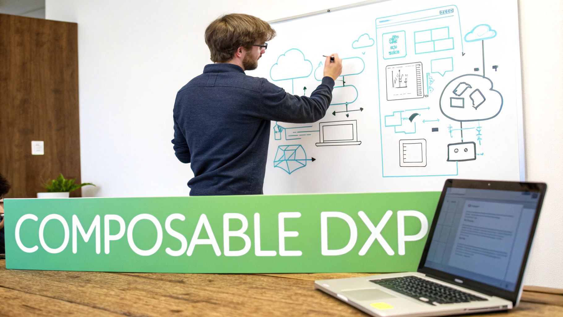 A man draws a composable DXP architecture diagram on a whiteboard, with a laptop in the foreground.