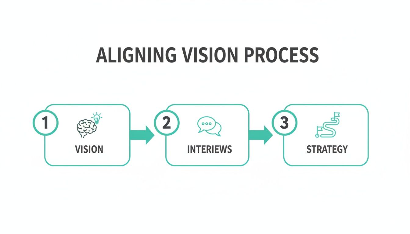 A three-step process flowchart illustrating how to align vision, including vision, interviews, and strategy.