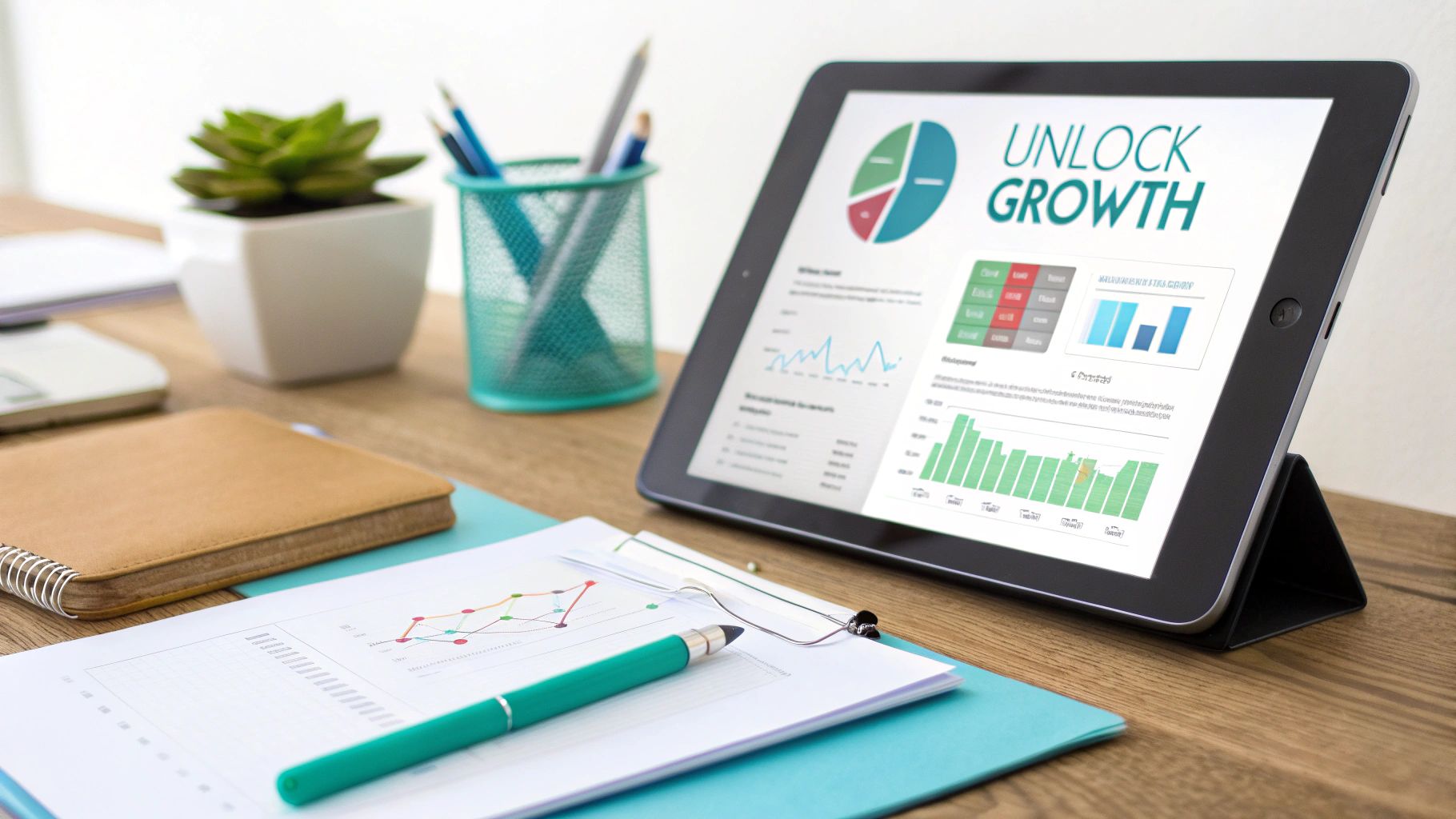A modern workspace with a tablet displaying growth charts, papers, and office supplies.