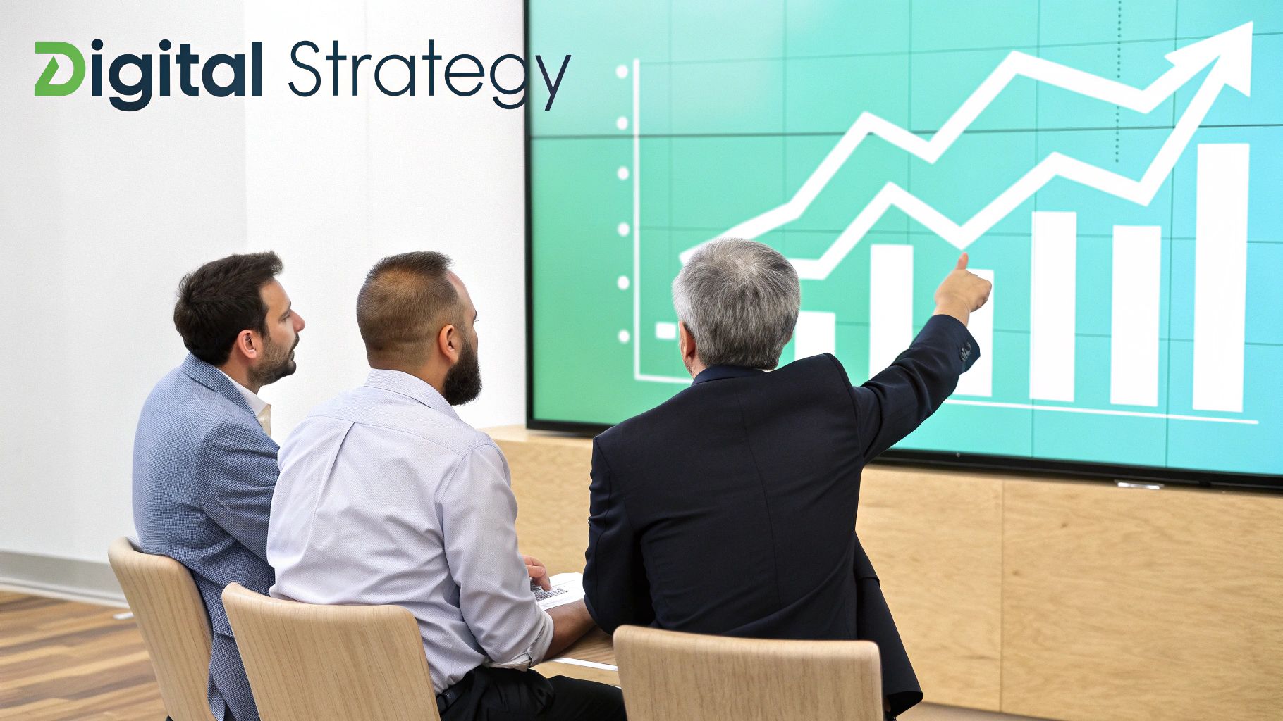 Three men in a business meeting, one pointing at a large screen displaying an upward trending graph for digital strategy.