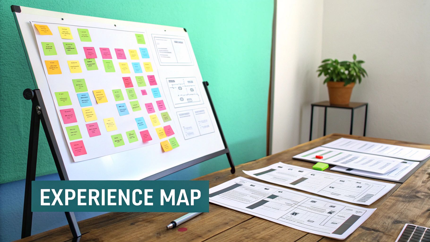 Whiteboard with colorful sticky notes and wireframe diagrams for an experience map workshop in a bright office.