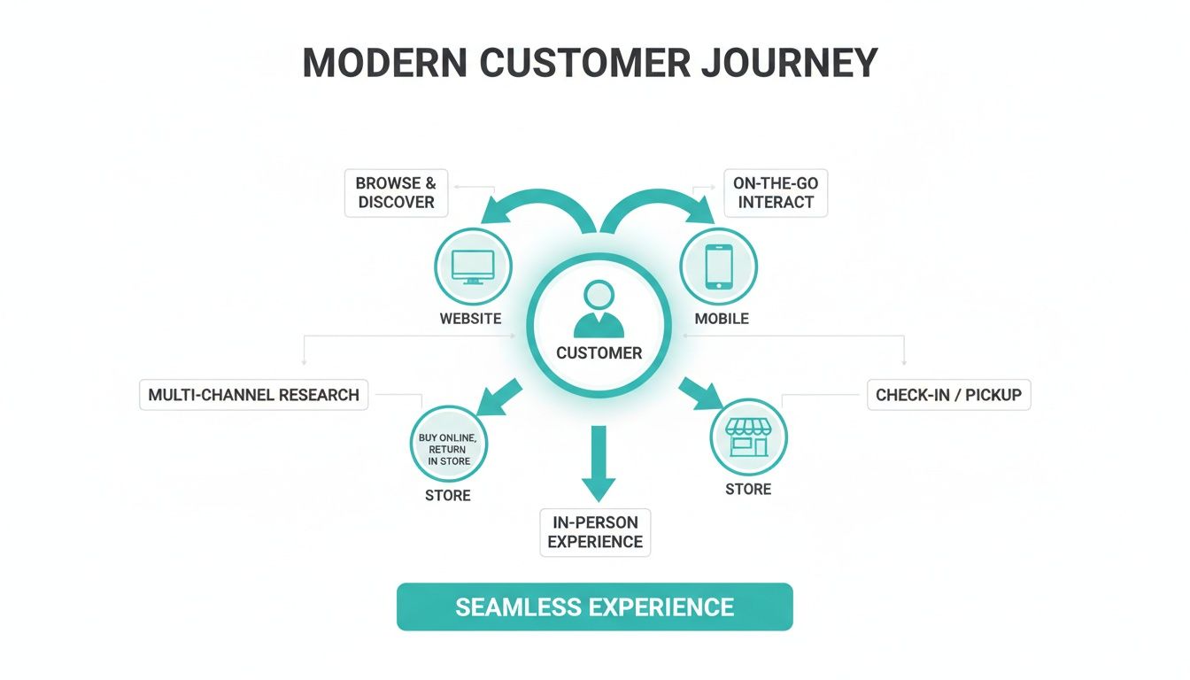 Diagram illustrating a modern omni-channel customer journey across website, mobile, and store for a seamless experience.