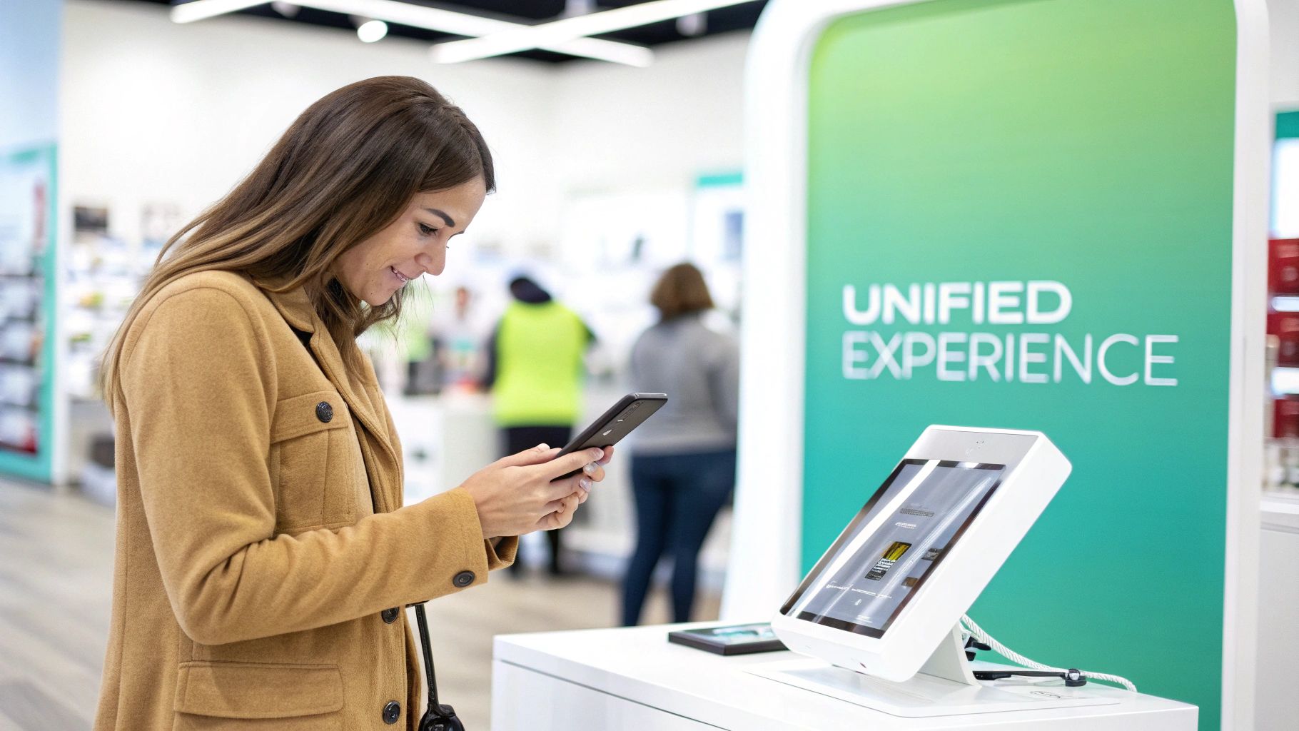 A smiling woman uses her smartphone in a modern retail store, with a 'Unified Experience' digital kiosk.