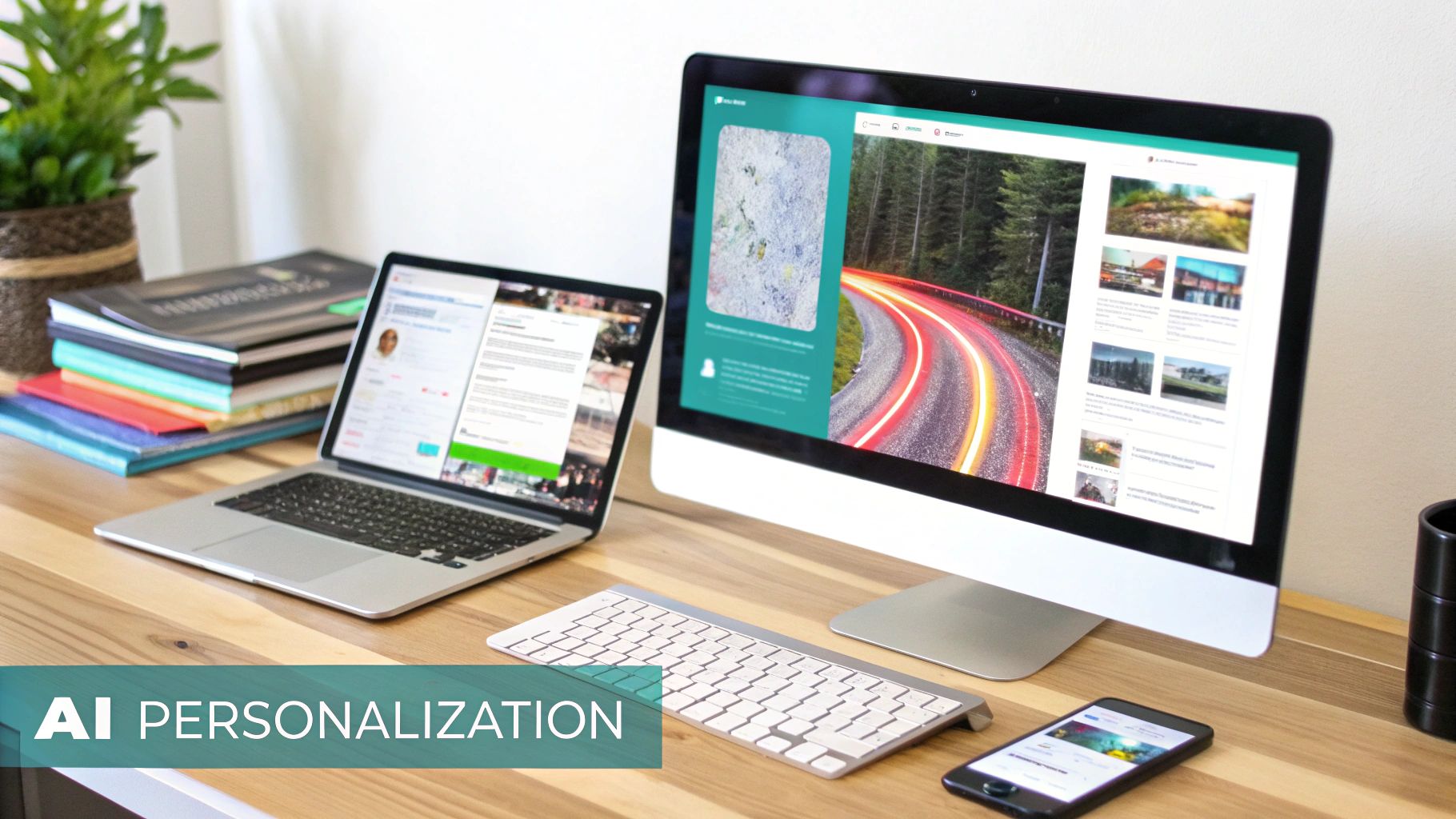 Modern desk setup with laptop, desktop monitor, keyboard, and smartphone displaying digital content, highlighting AI personalization.