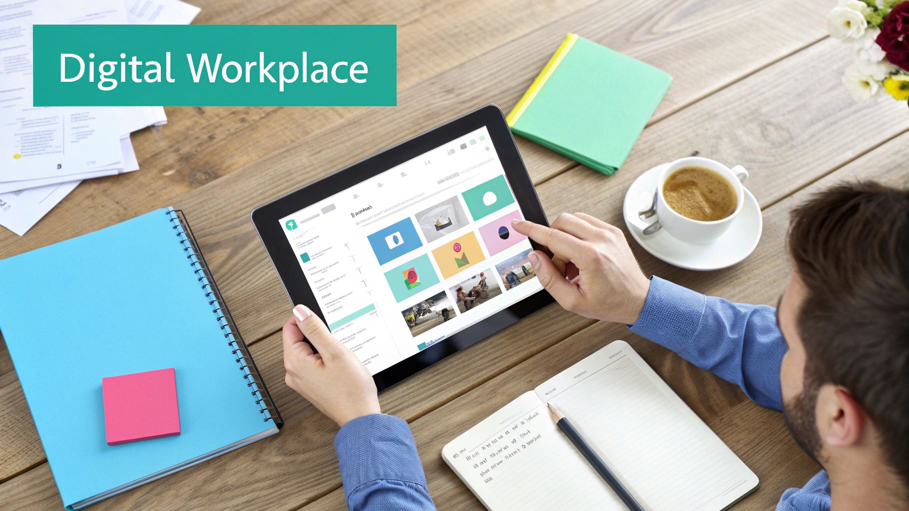 Overhead view of a person using a tablet on a wooden desk, depicting a digital workplace.