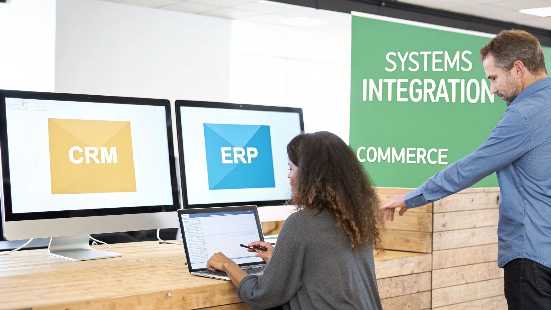 A man explains CRM and ERP systems on monitors to a woman using a laptop in an office.