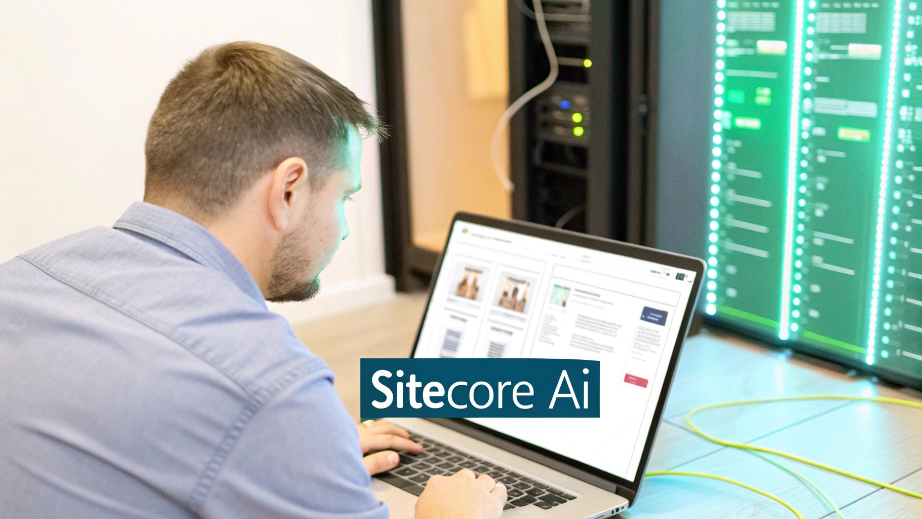 Man using a laptop with Sitecore AI content displayed, in a server room with data screens.