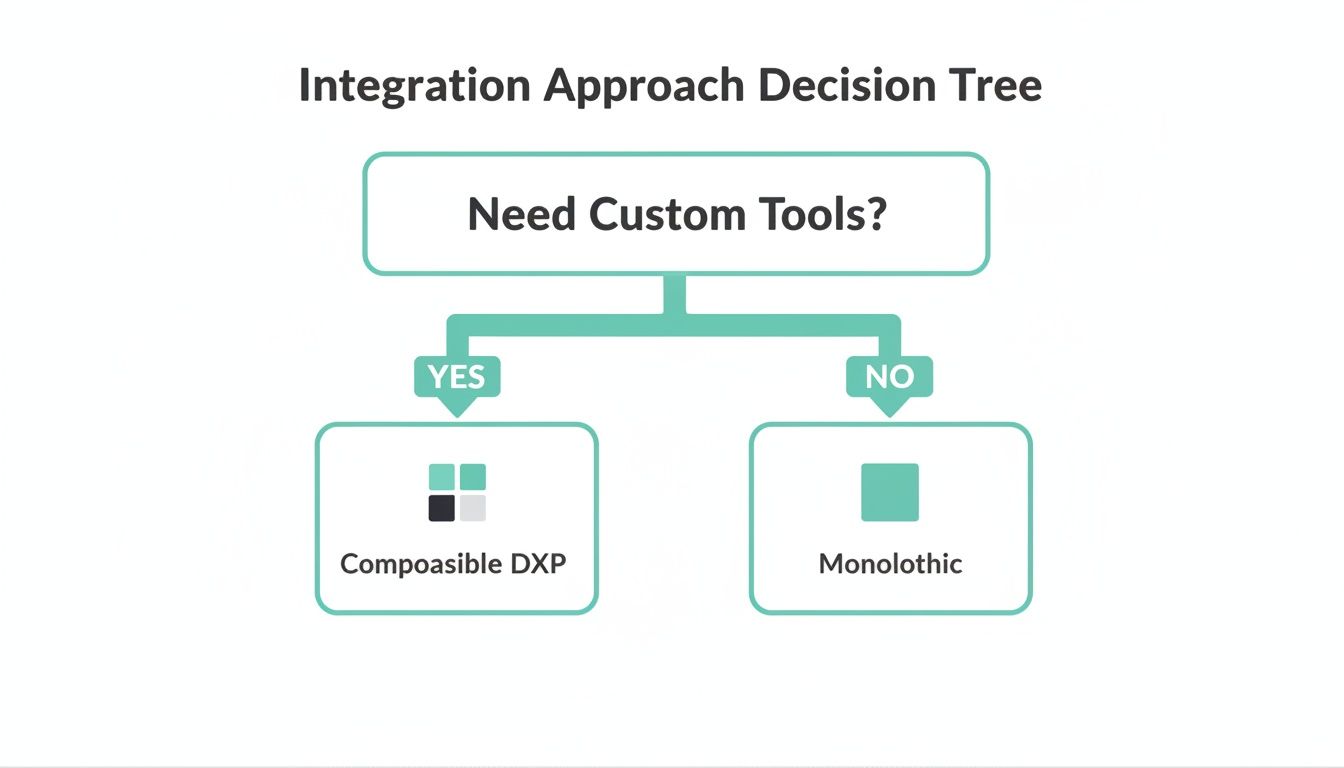 A decision tree outlining integration approaches: Composable DXP if custom tools are needed, otherwise Monolithic.