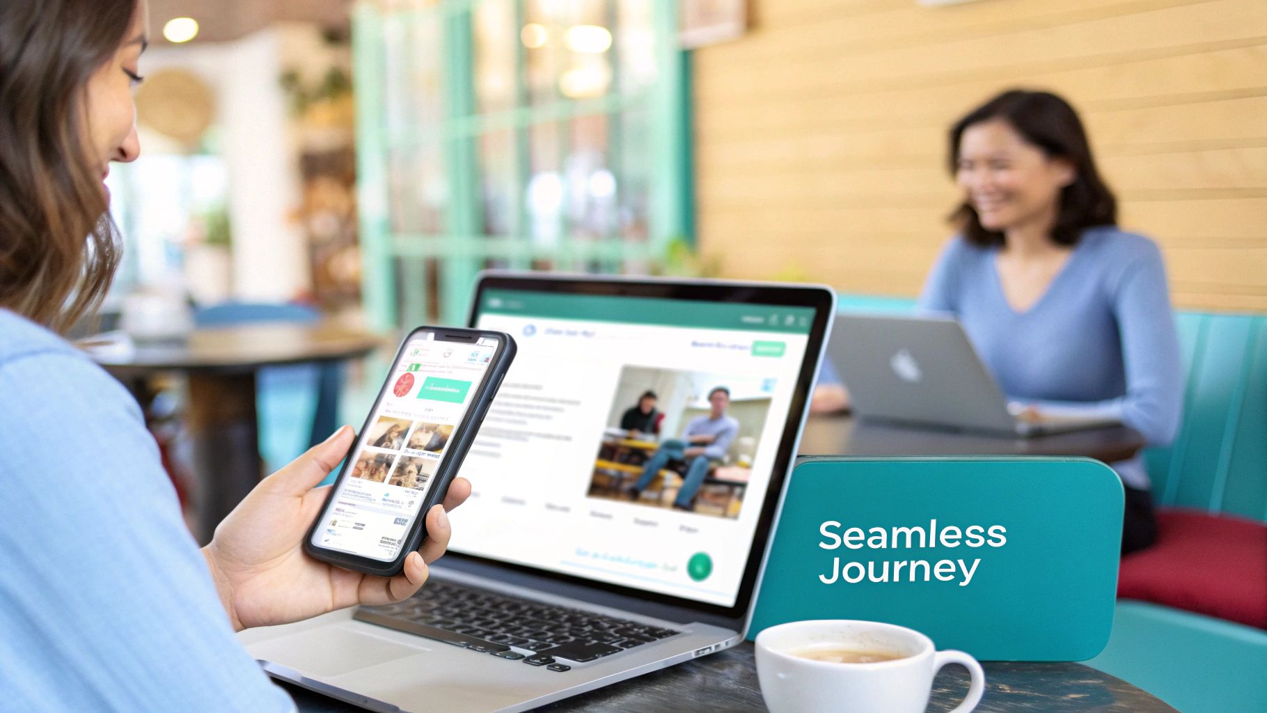 A person uses a smartphone and laptop, demonstrating a seamless multi-device customer experience.