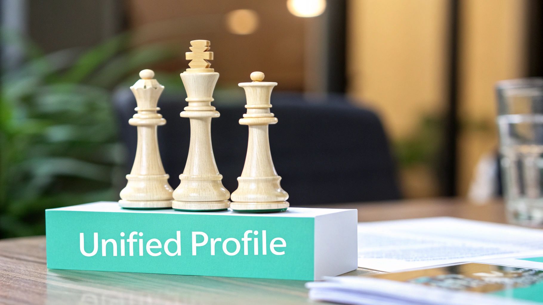 White chess king and queens on a green box displaying 'Unified Profile' in a blurred office.