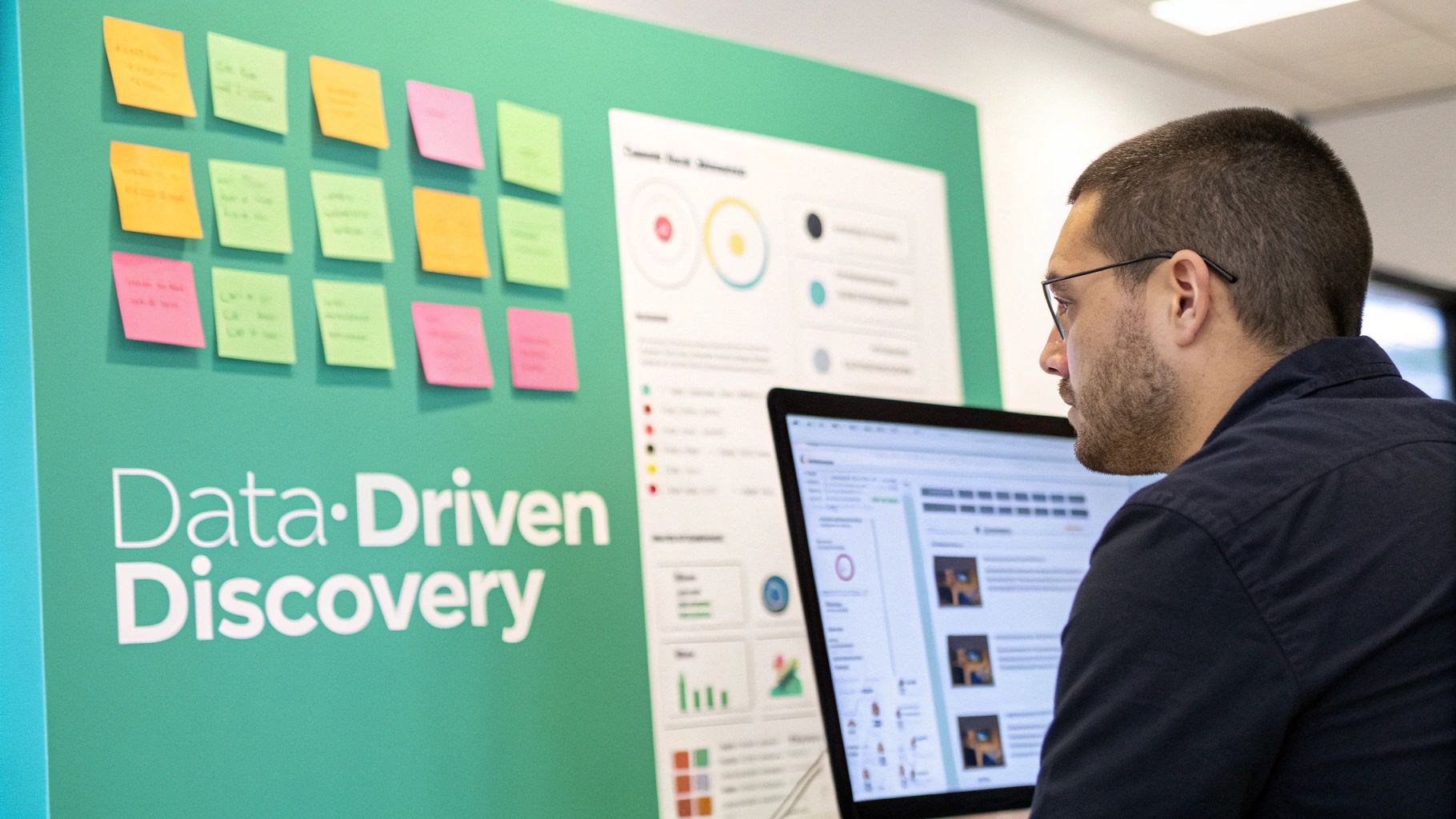 A man focuses on a laptop, with a 'Data Driven Discovery' board and colorful sticky notes in the background.