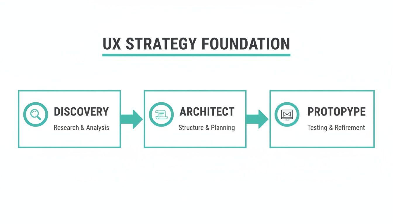 A diagram outlining the UX strategy foundation process: Discovery, Architect, and Prototype phases.
