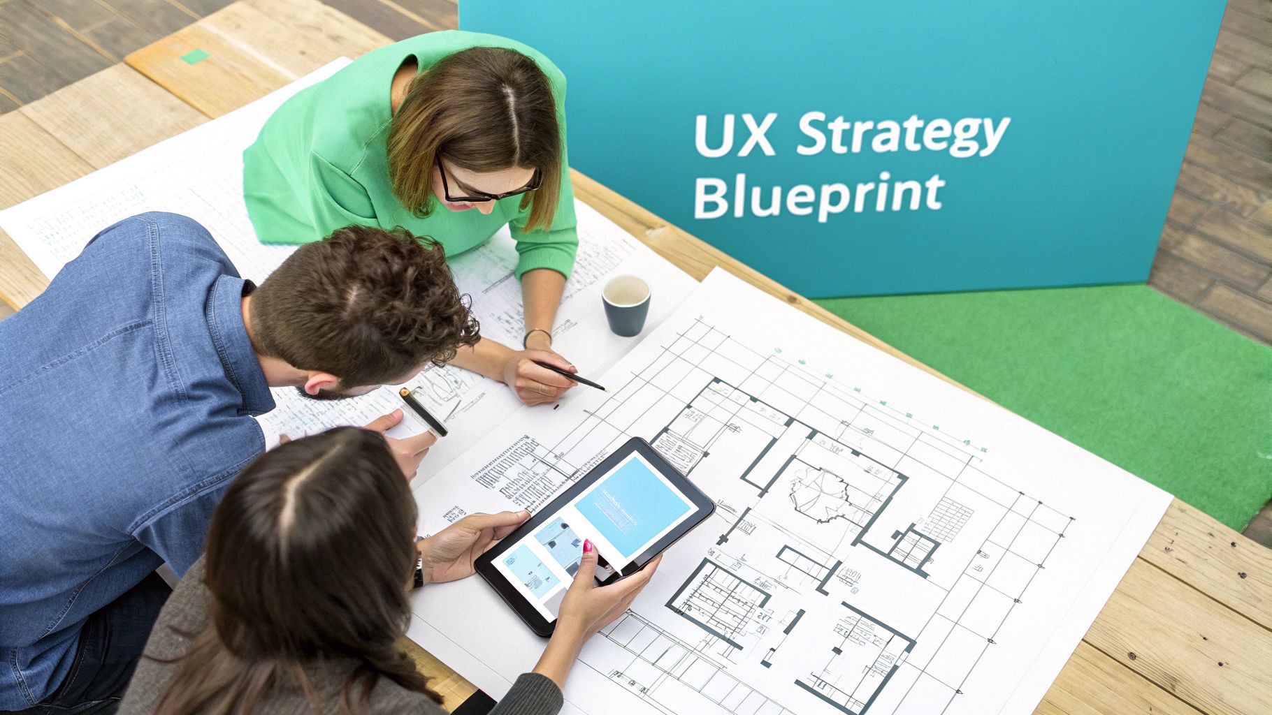 Three professionals collaboratively review UX strategy blueprints and architectural designs on a tablet and paper.