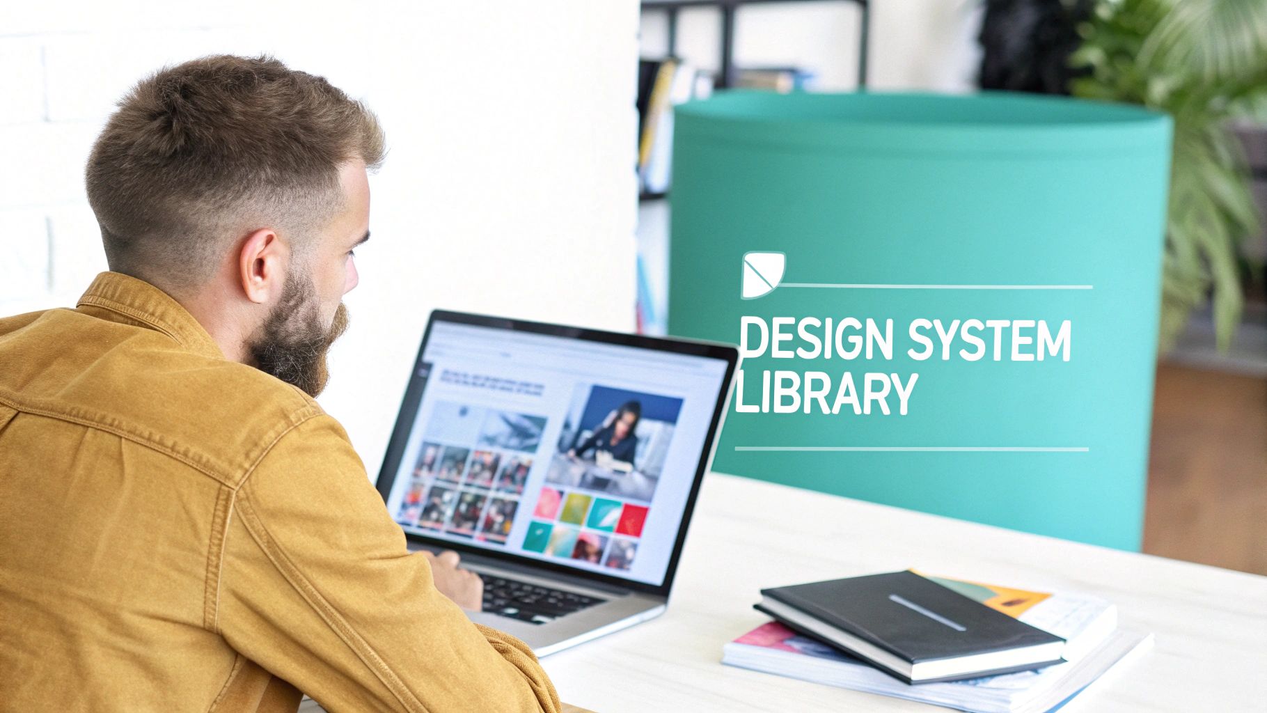 A man working on a laptop, displaying design images, with a 'DESIGN SYSTEM LIBRARY' sign in the background.