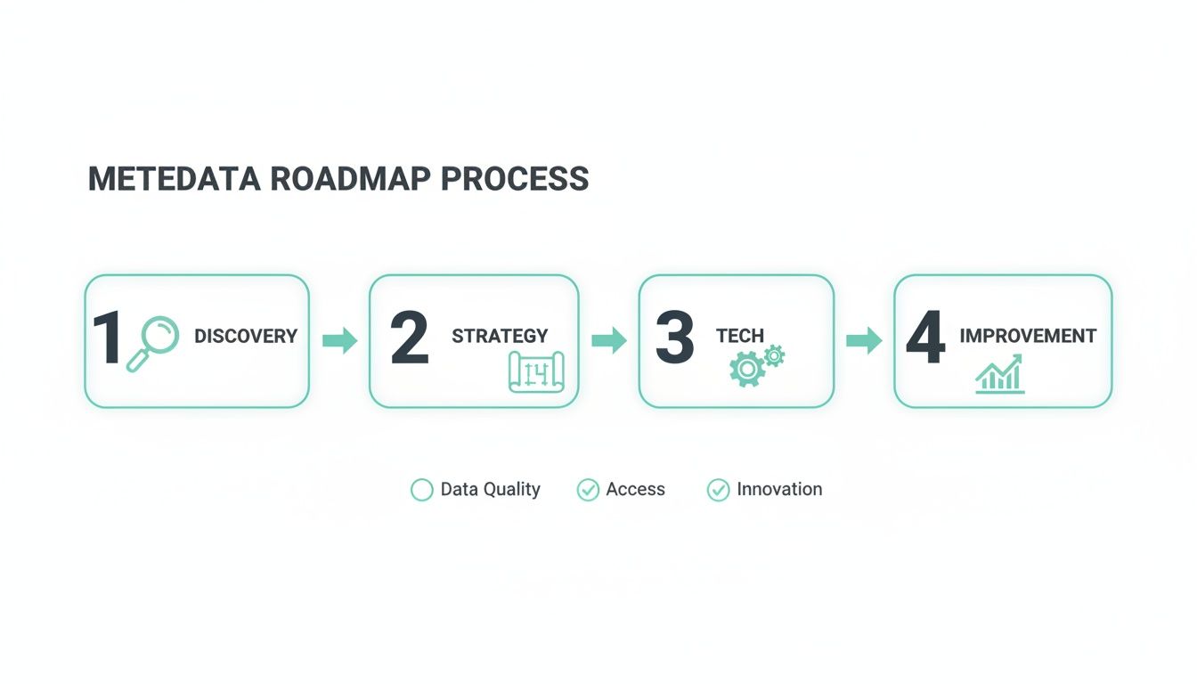 A four-step metadata roadmap process showing discovery, strategy, tech, and improvement, highlighting data quality, access, and innovation.
