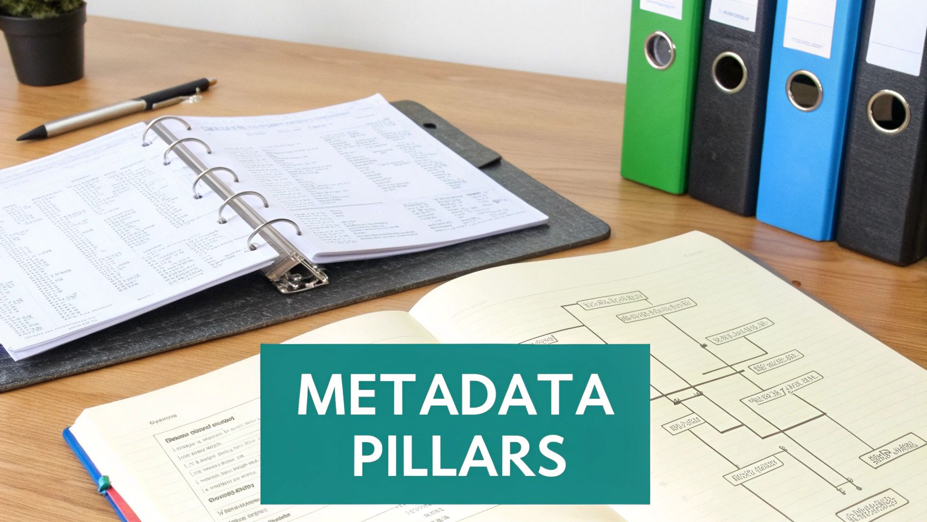 An office desk with open ring binder, notebooks, files, and 'METADATA PILLARS' text overlay.