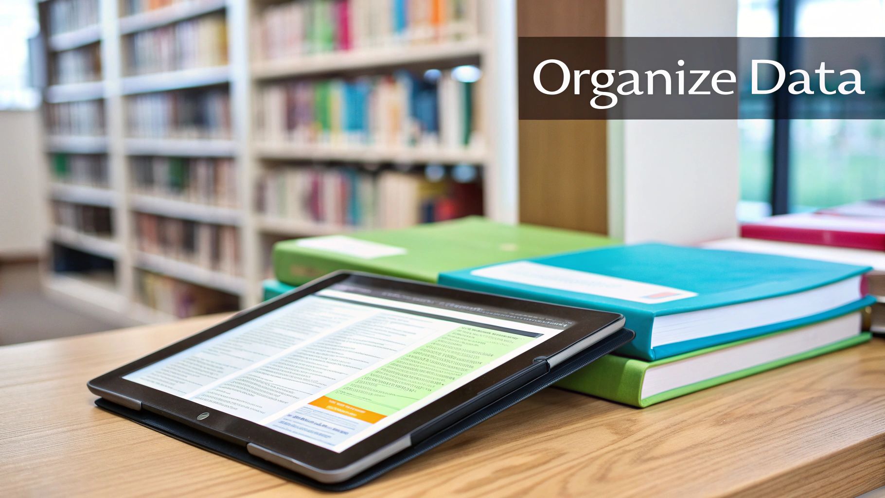 A tablet and books on a wooden desk with bookshelves, featuring an 'Organize Data' overlay.