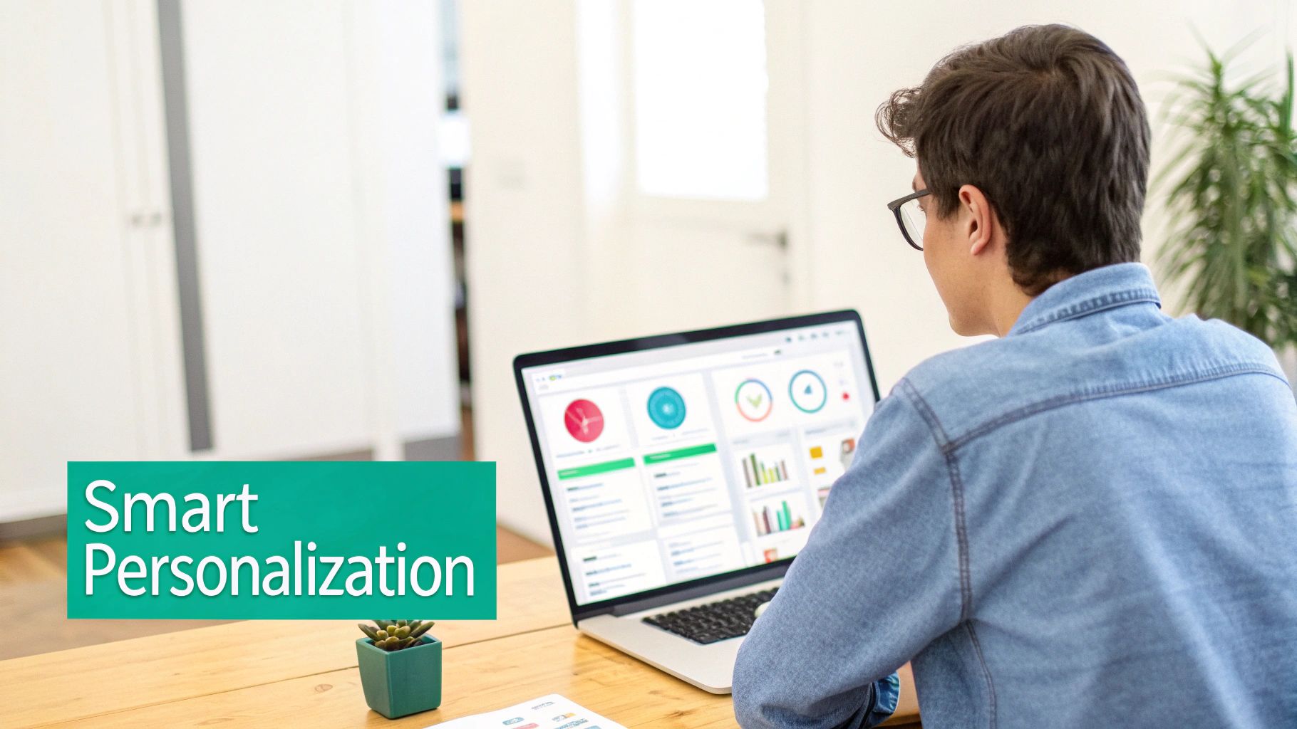 Man working on a laptop showing analytics dashboards, with "Smart Personalization" on a green banner.