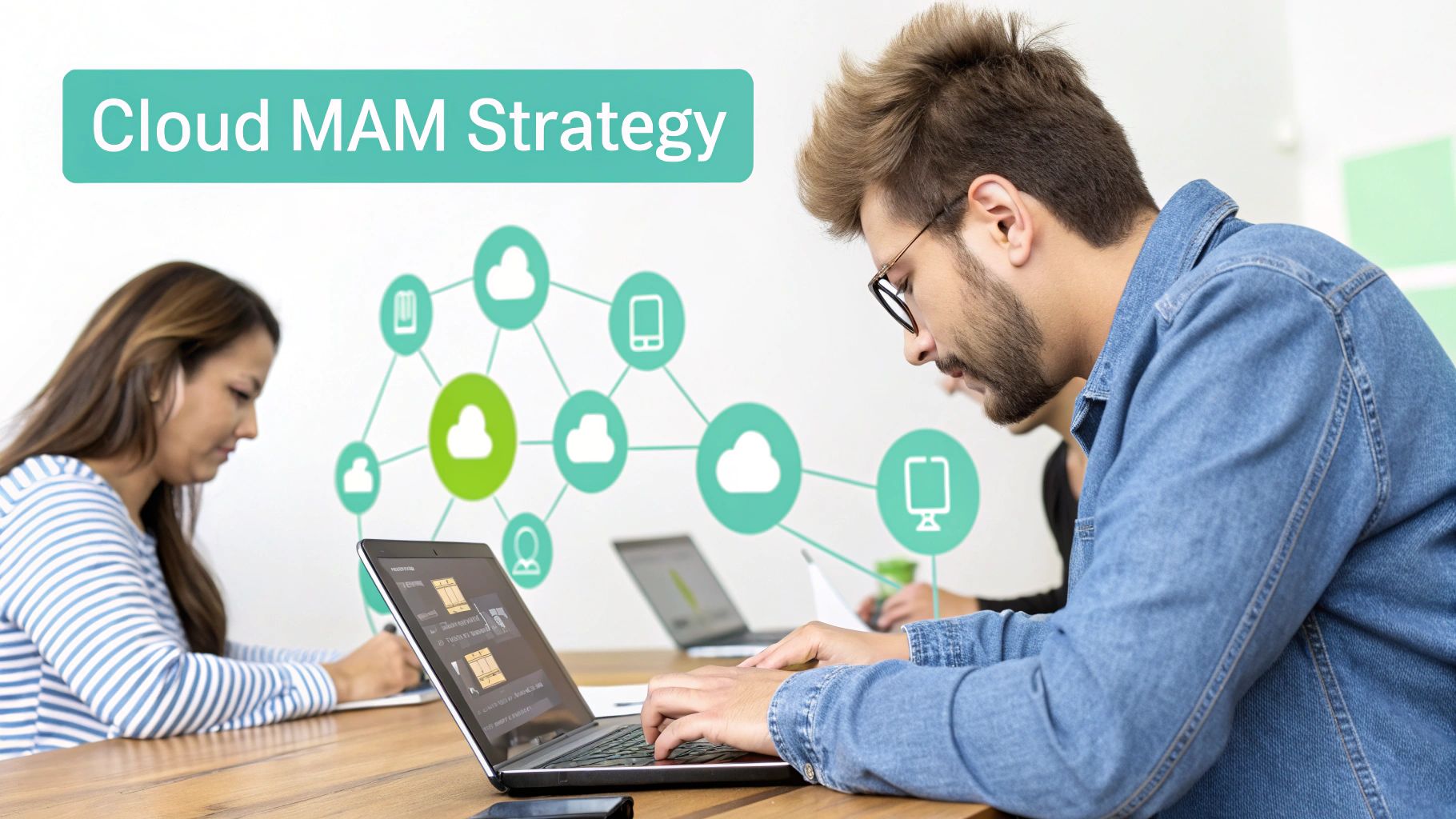 Professionals collaborate on laptops in an office, discussing a 'Cloud MAM Strategy' with network diagrams.