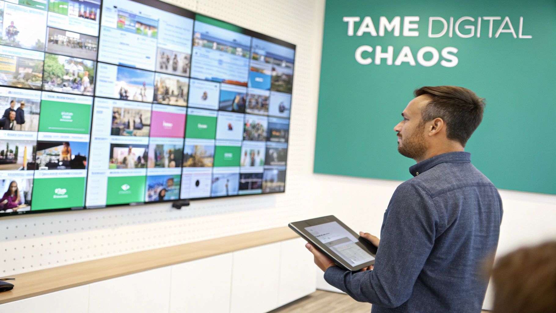 A man using a tablet to control a large multi-screen video wall display in an office.