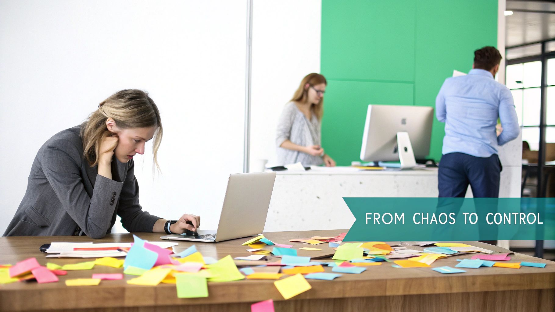 A woman with a cluttered desk covered in sticky notes uses a laptop in an office.