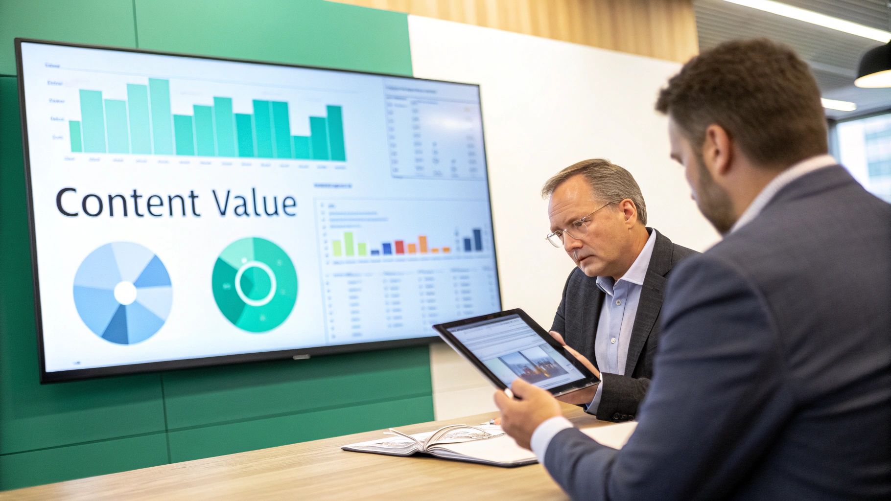 Two business professionals discussing data presented on a tablet and large screen.