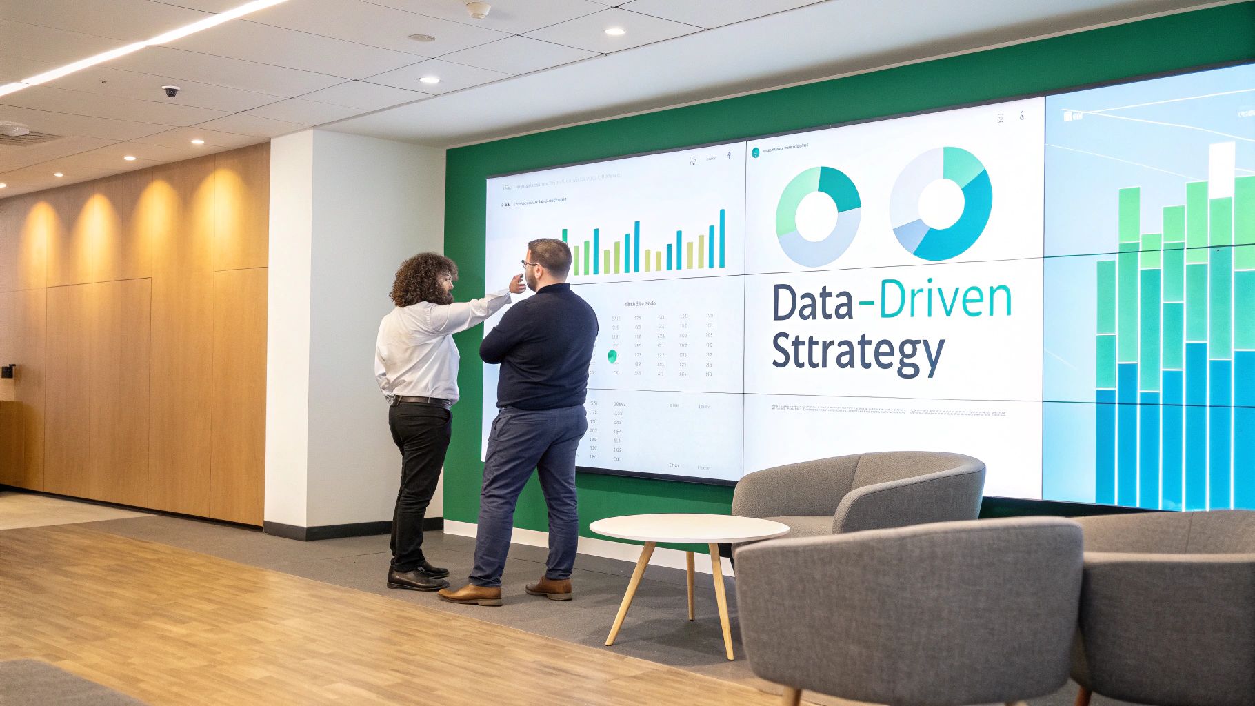 Two men discuss data analytics on a large multi-screen display showing charts and 'Data-Driven Strategy' in a modern office.