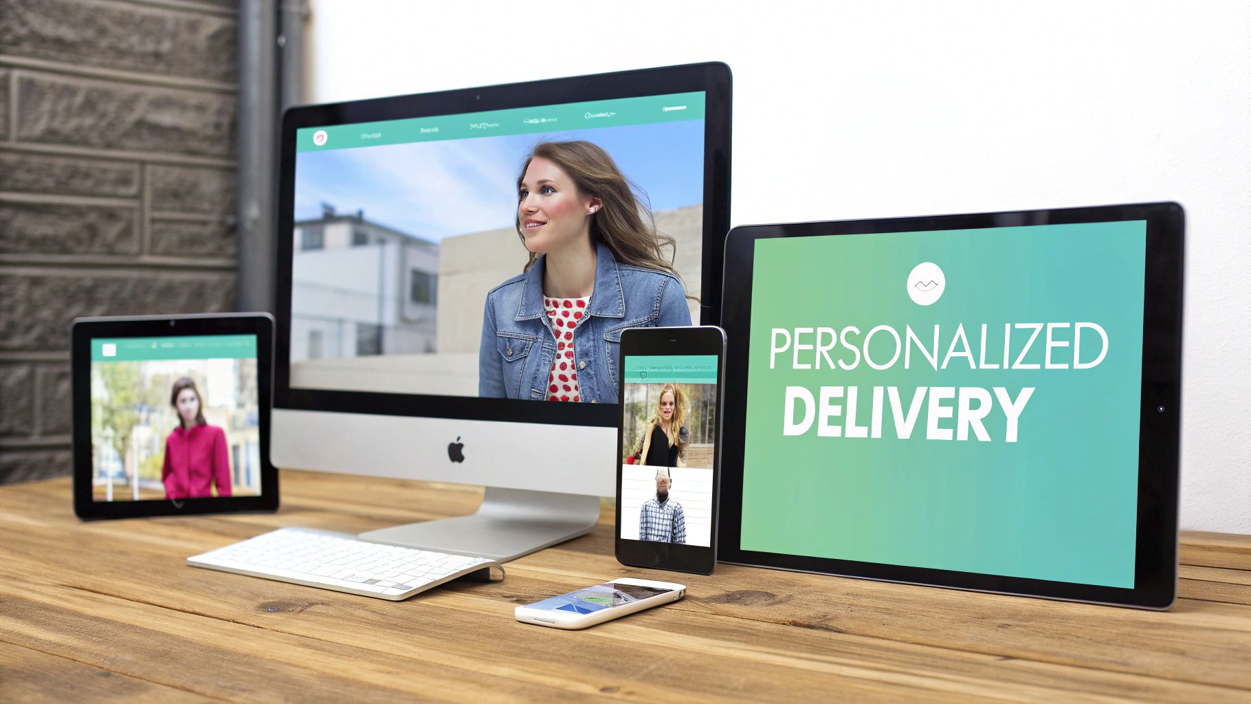 Multiple Apple devices on a wooden desk displaying web content and personalized delivery.