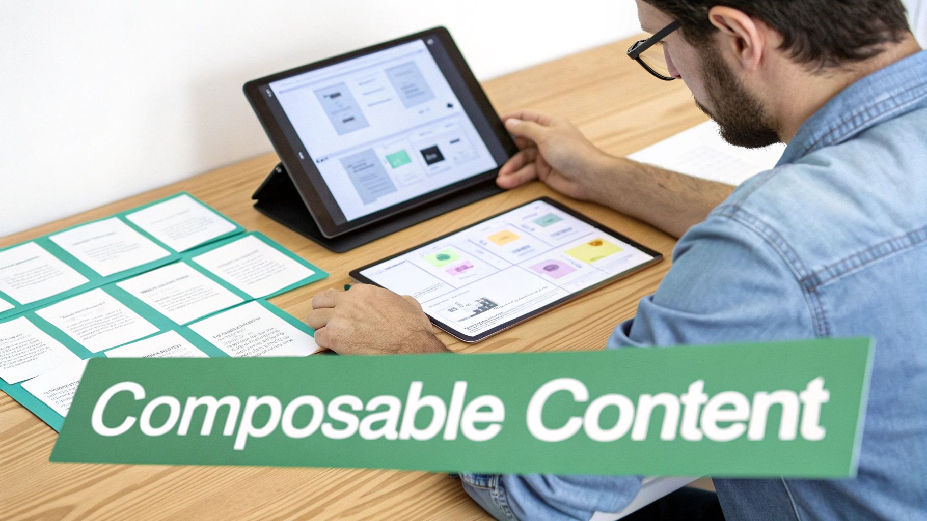 A man reviews digital content designs on two tablets, with 'Composable Content' sign in foreground.