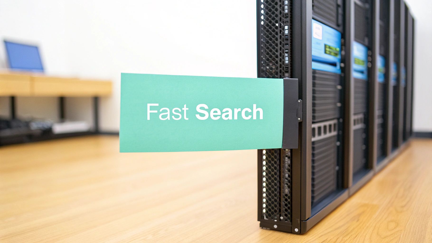 A server rack with a prominent sign reading 'Fast Search' in a data center environment.