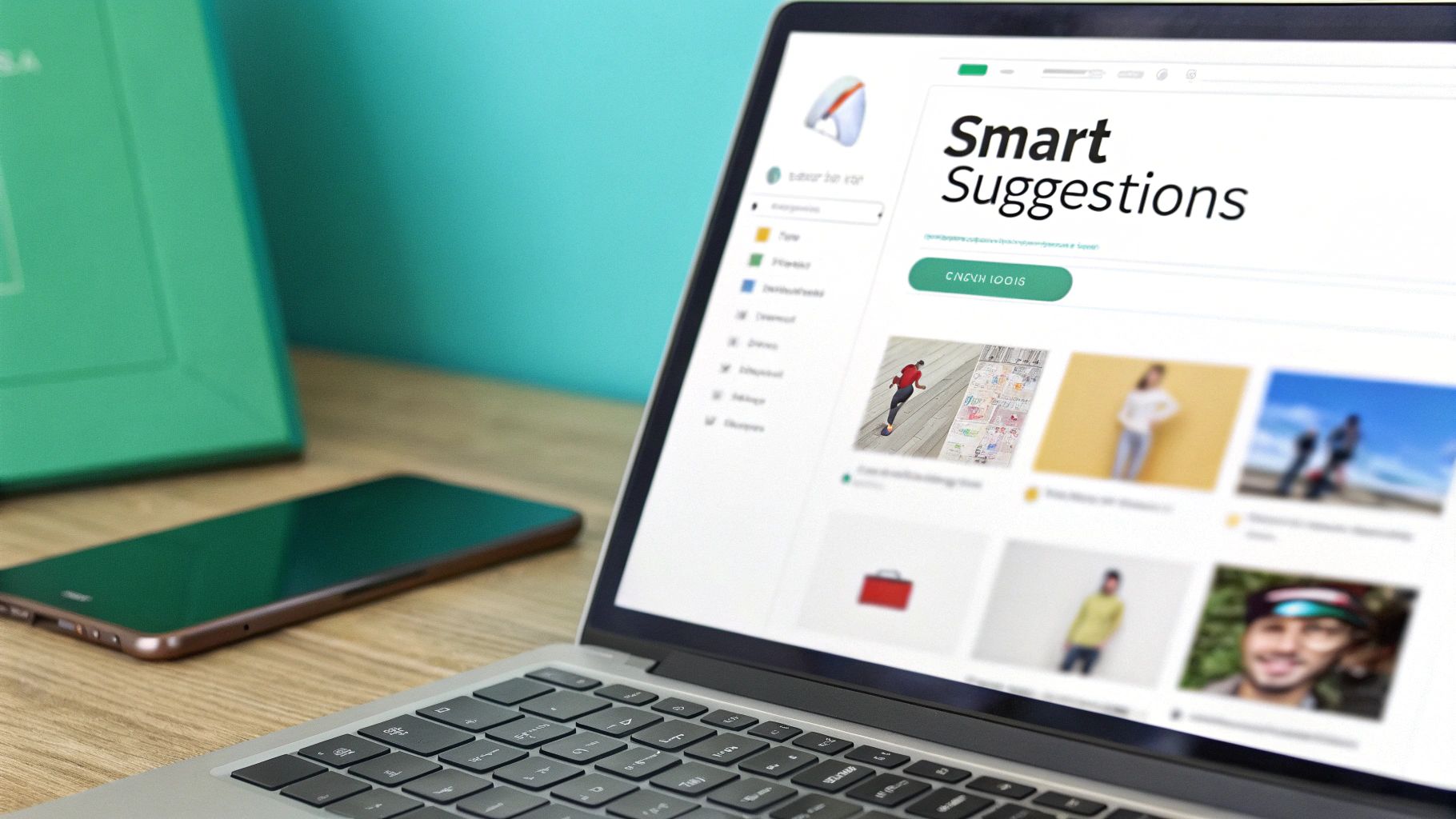 A laptop displays a 'Smart Suggestions' website with various product or content recommendations on a wooden desk.