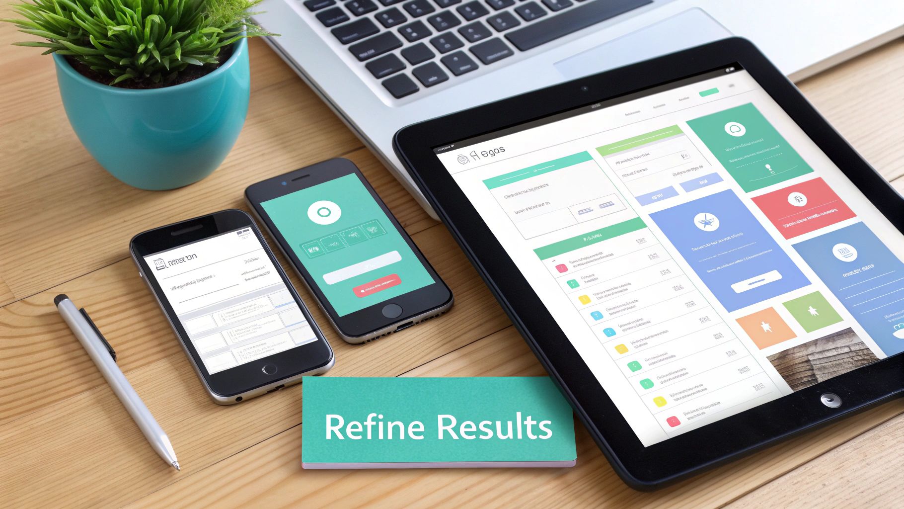 Digital devices display e-commerce search results on a wooden desk, with a 'Refine Results' card and office items.
