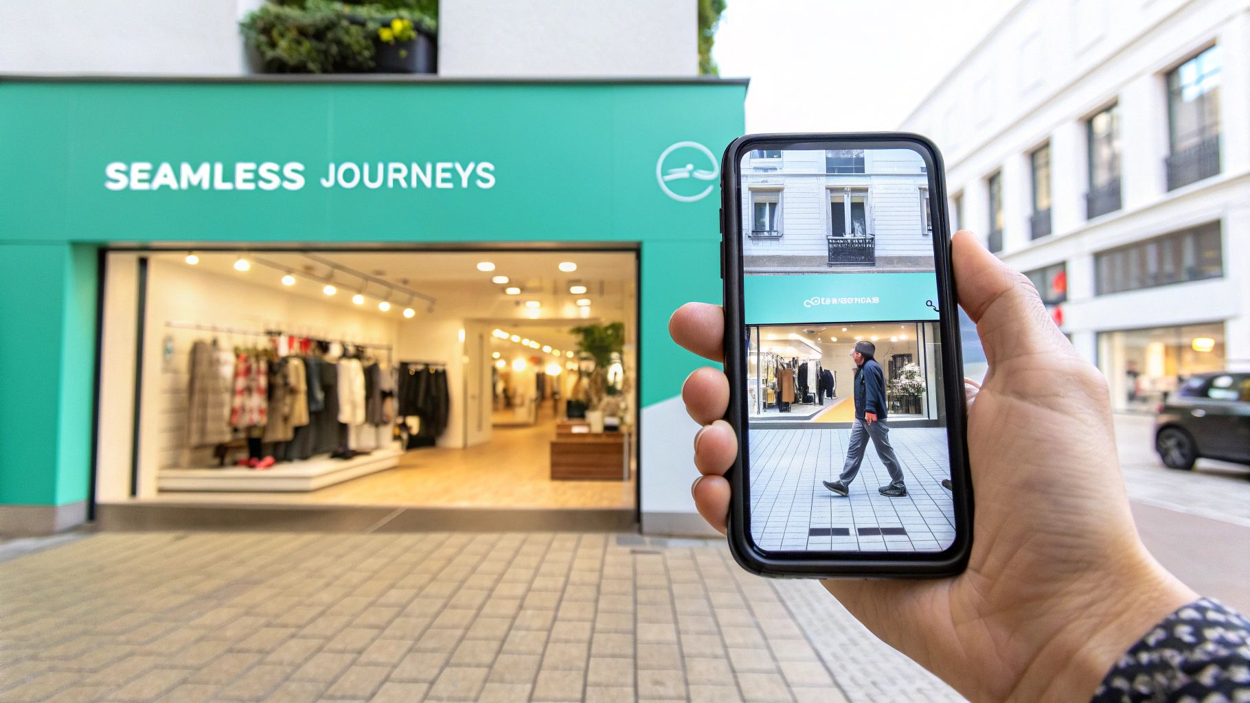 A hand holds a smartphone displaying an augmented reality view of a storefront, merging digital and physical shopping.