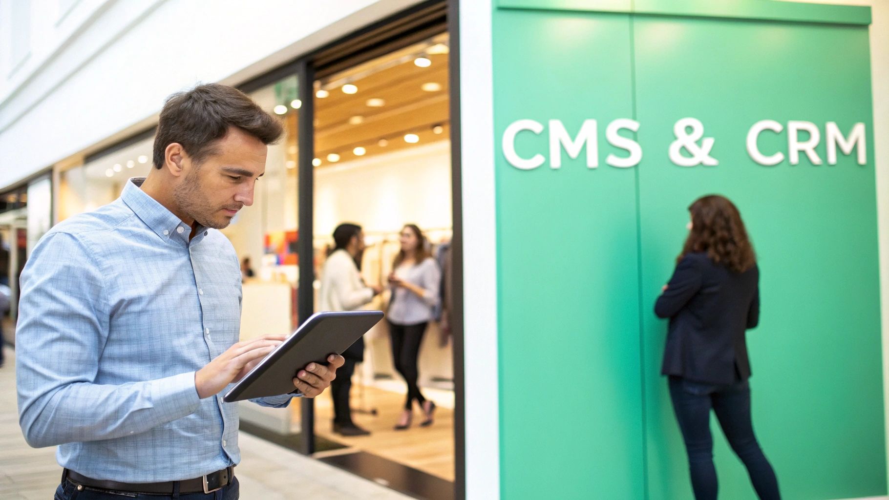 A man uses a tablet in a commercial setting, with a prominent 'CMS & CRM' sign nearby.