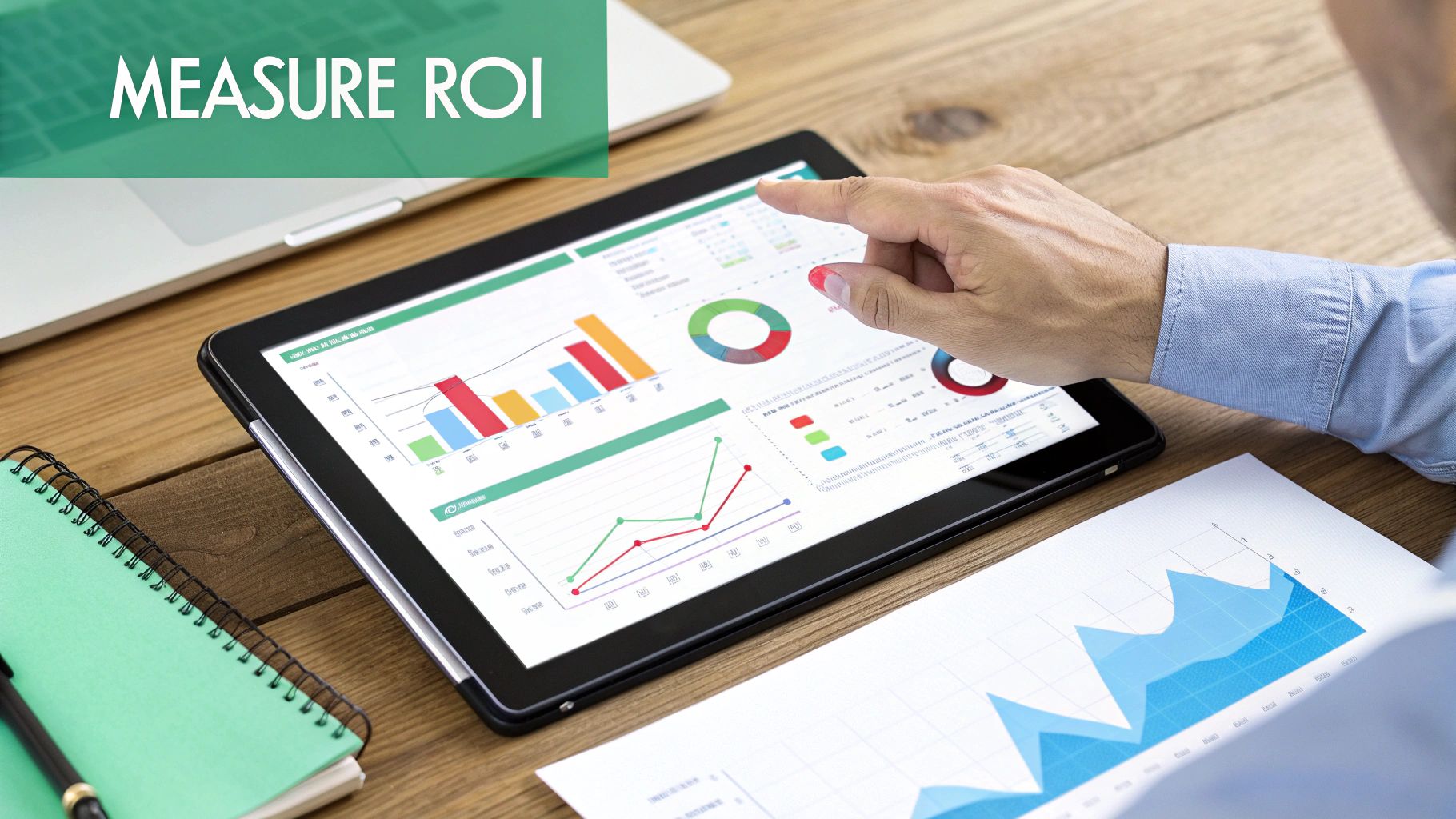 A person's hand interacting with a tablet displaying various financial graphs and charts to measure ROI.