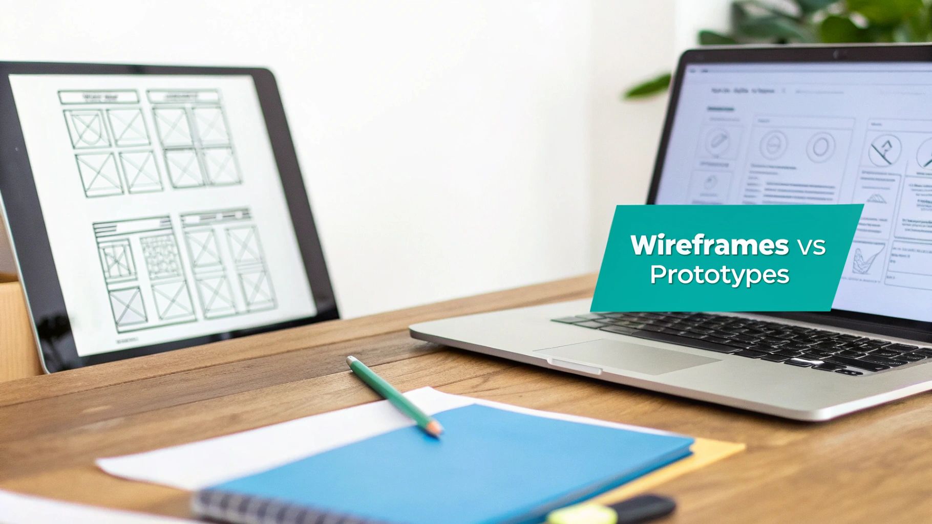 A desk with a tablet displaying wireframes and a laptop showing UI prototypes, highlighting 'Wireframes vs Prototypes'.