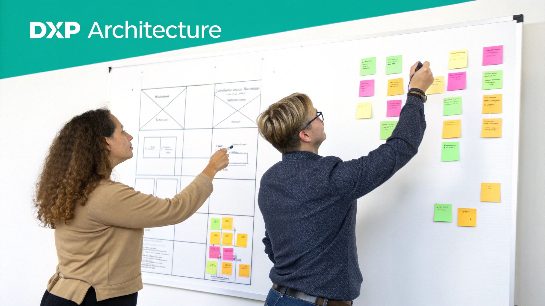 Two colleagues plan DXP architecture on a whiteboard with wireframes and sticky notes.
