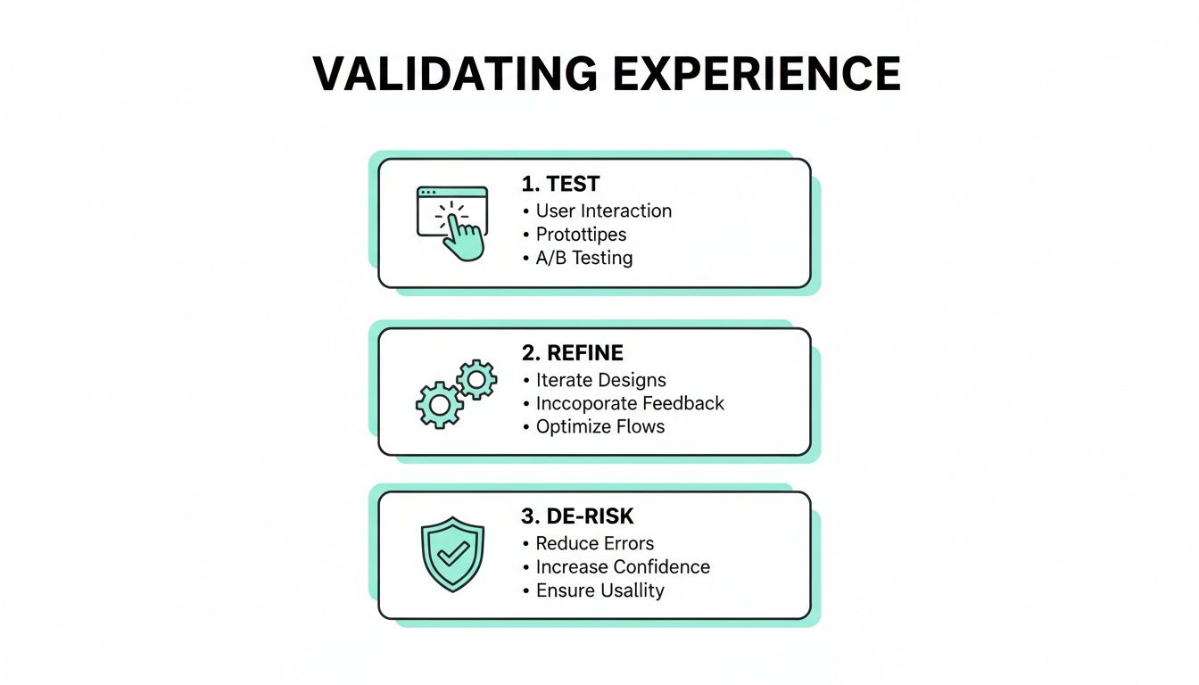 An infographic illustrating three steps for validating experience: Test, Refine, and De-risk, with respective icons.